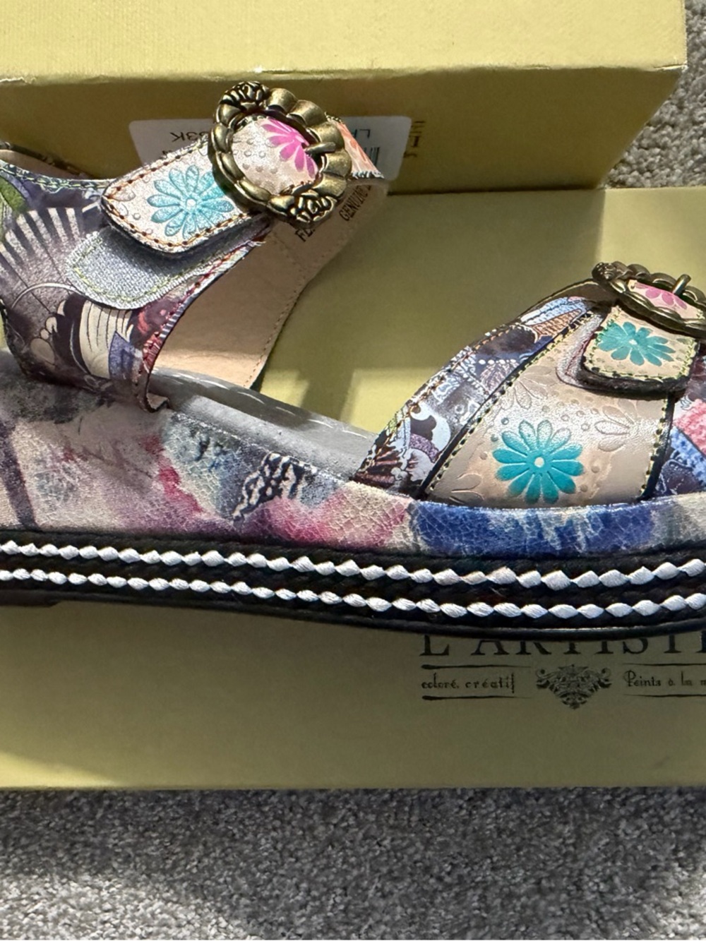 L'ATISTE Multicolor Floral Platform Sandal with Brass Buckles
